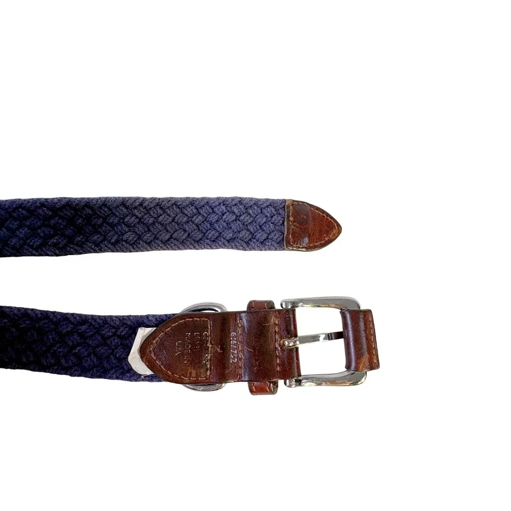 Vtg Braided Woven Belt Mens Blue Brown Leather Trim Made in USA